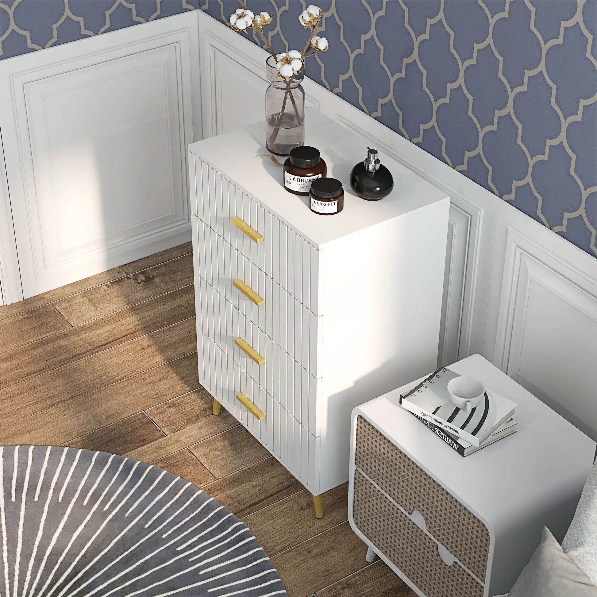 4 Drawer Cabinet, Bedroom Chest of Drawers, Aluminium Legs, Gold Handles, White Storage Cabinets at Gallery Canada