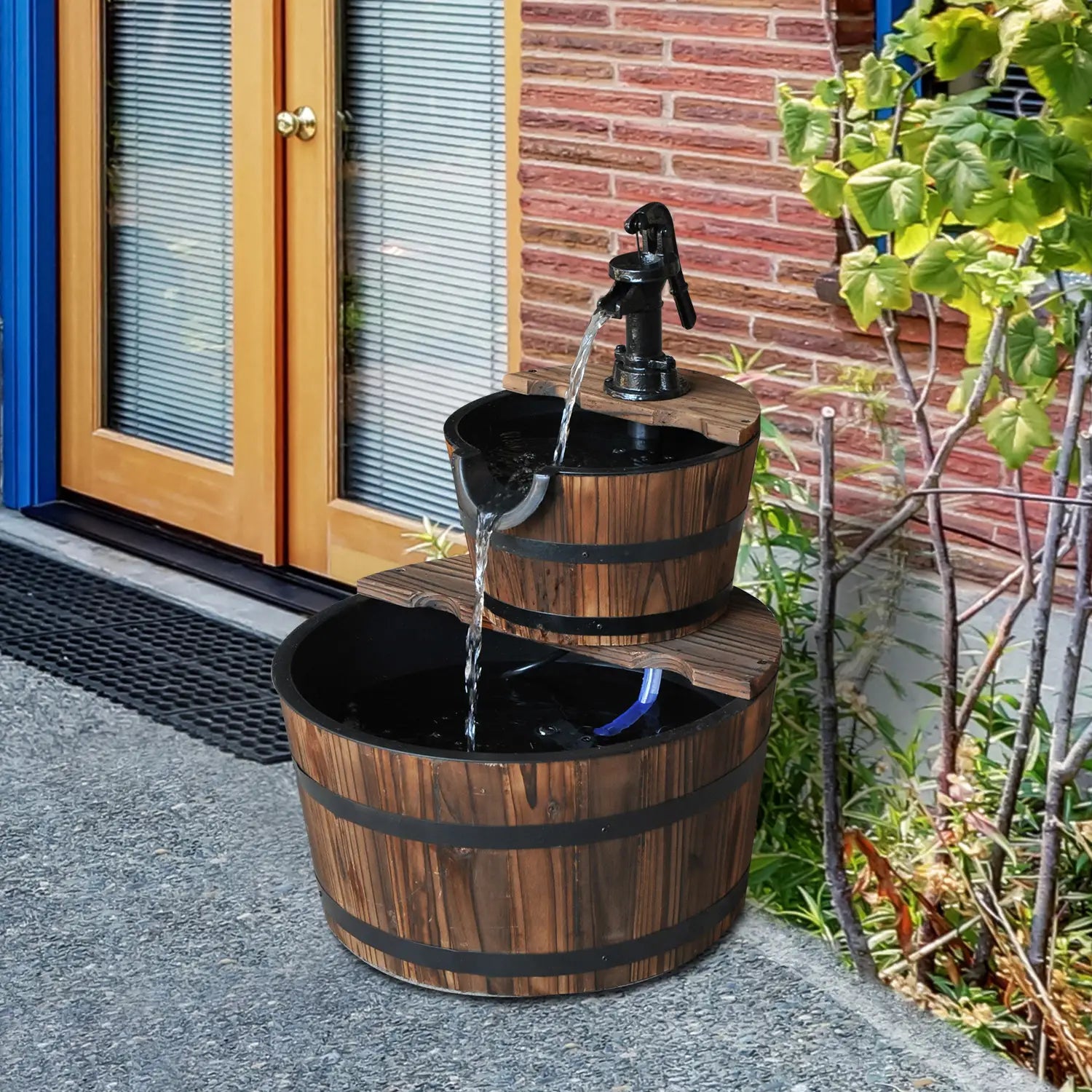 2-Tier Wooden Barrel Water Fountain, Electric Pump, Outdoor Indoor Decor Water Fountains at Gallery Canada