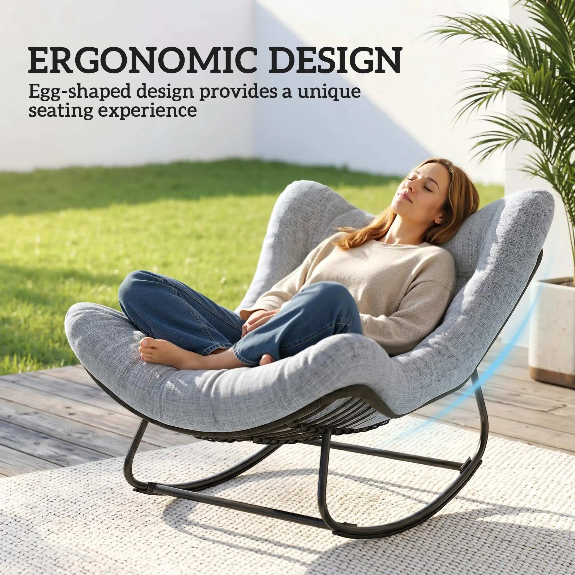Oversized Rattan Egg Chair, Outdoor Rocking Chair with Cushion, Dark Grey Patio Chairs at Gallery Canada