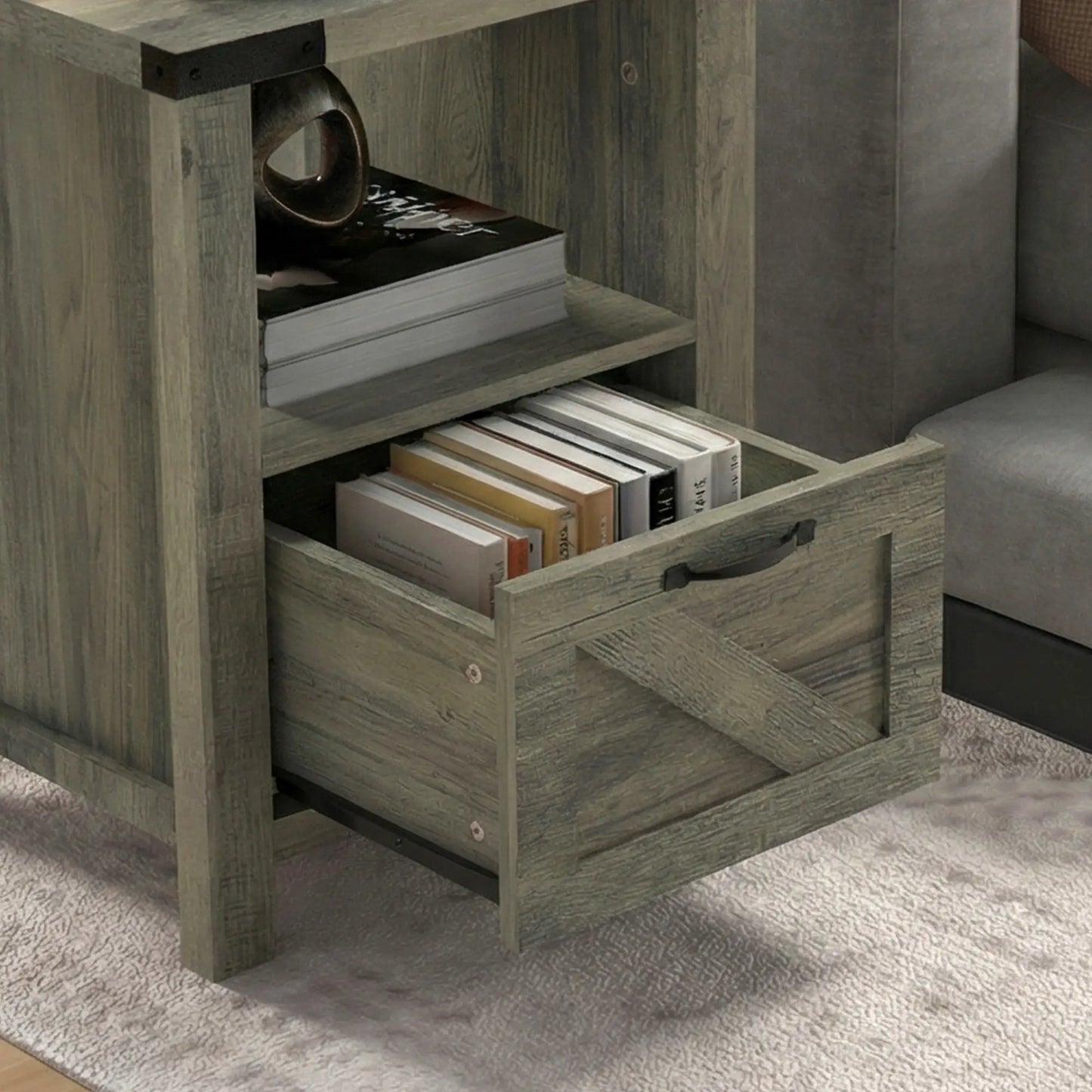 Farmhouse Side Table with Storage, Drawer, Open Shelf, Grey Side Tables at Gallery Canada