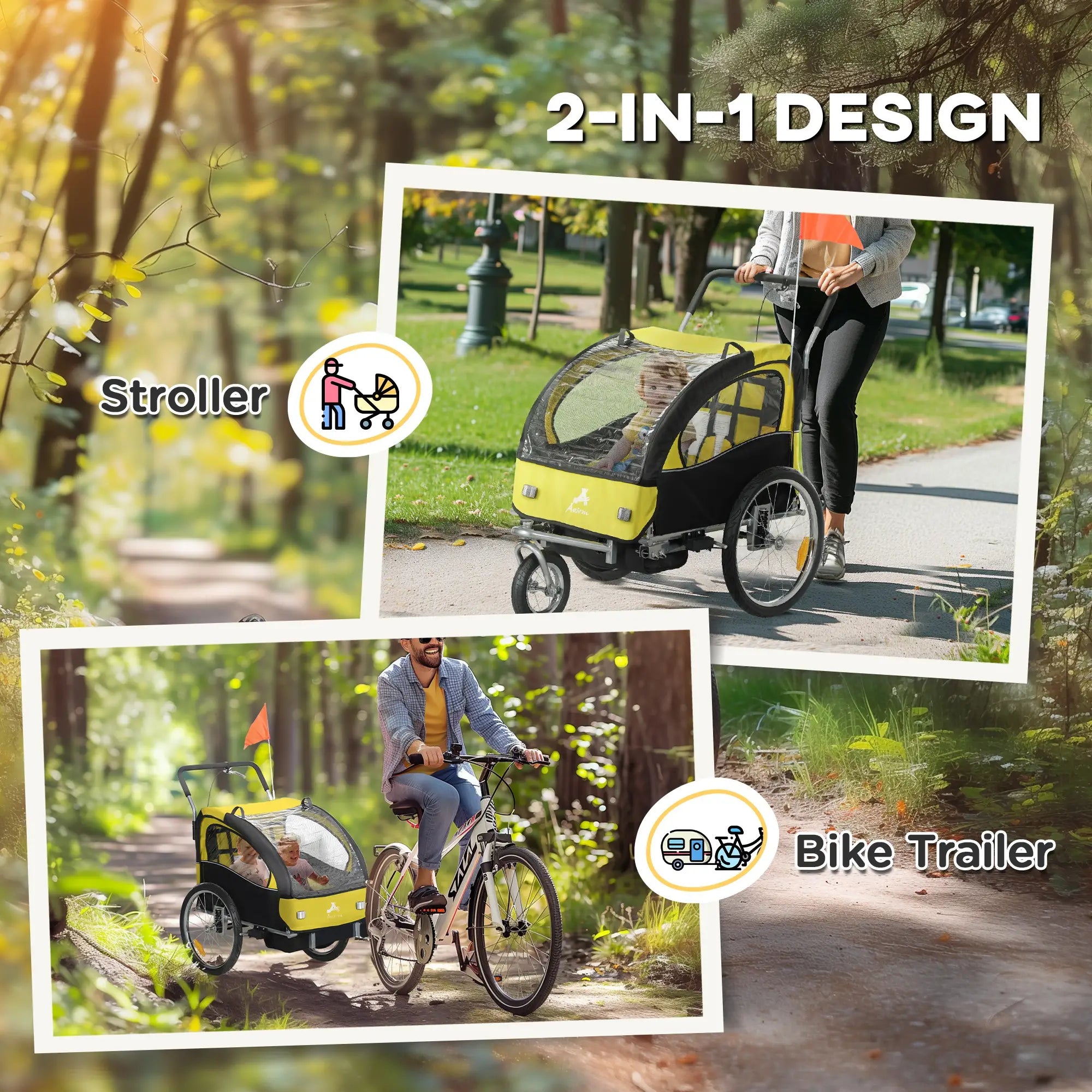 2-in-1 Bike Trailer, Foldable 2-Seat Stroller, 5-Point Harness, Yellow Kids Bike Trailers at Gallery Canada