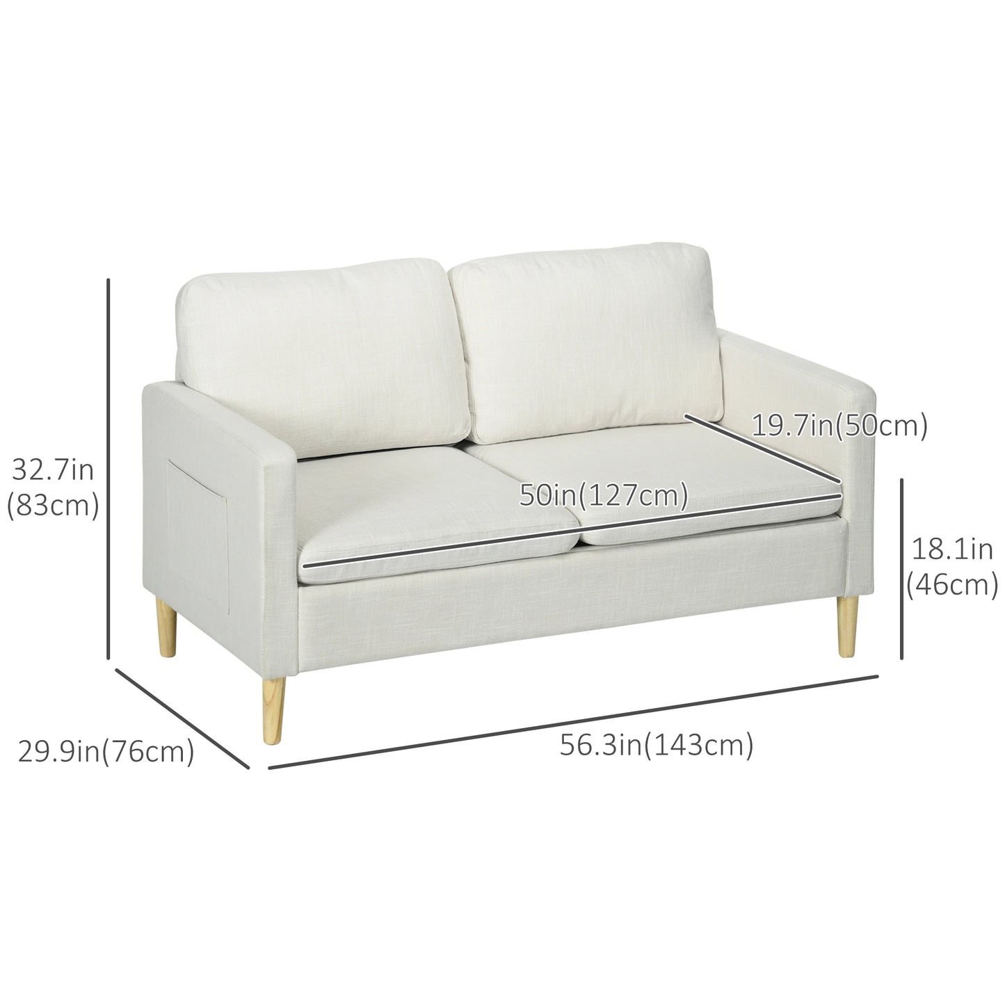 56" 2 Seat Sofa, Modern Love Seat, Upholstered Couch, White 2-Seater Sofas at Gallery Canada