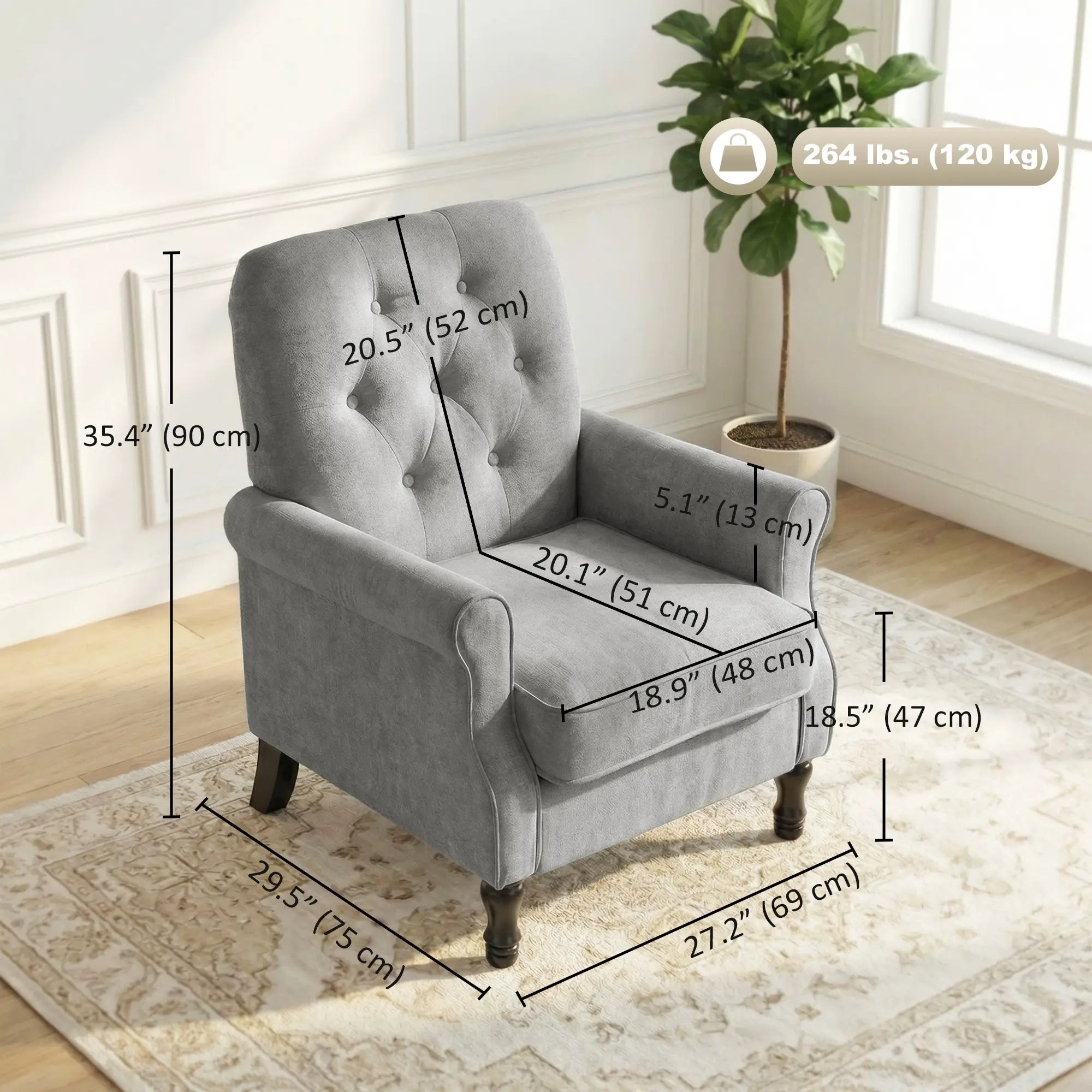 Mid-Century Modern Armchair, Thick Padded Seat, Spring Cushion, Solid Wood Legs, Grey Single Sofas at Gallery Canada