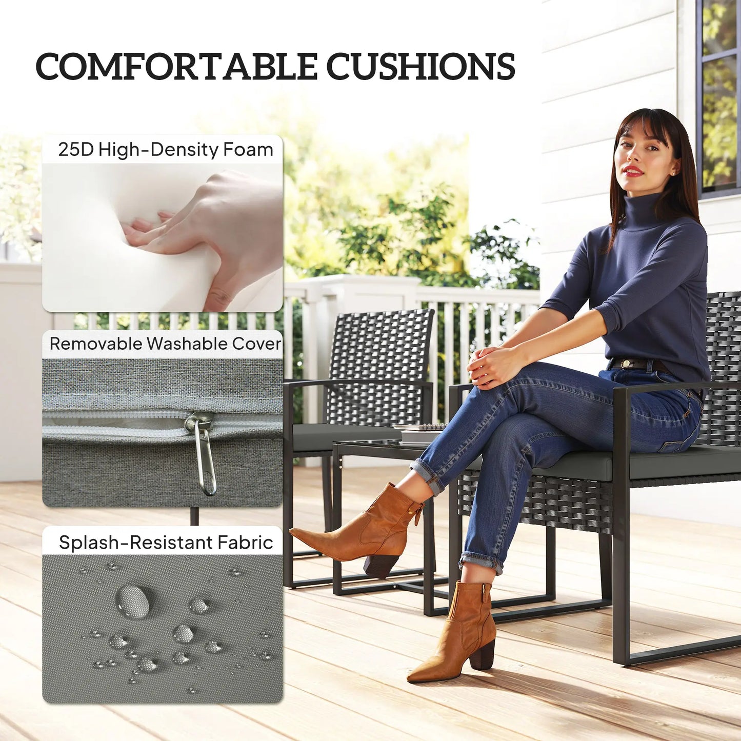 3 Piece Wicker Patio Set, Glass Top Table With Cushions, Dark Grey Bistro Sets at Gallery Canada