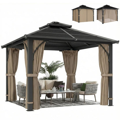 10' x 10' Hardtop Gazebo, 7mm Double Polycarbonate Roof, Netting And Curtains, Khaki Gazebos at Gallery Canada