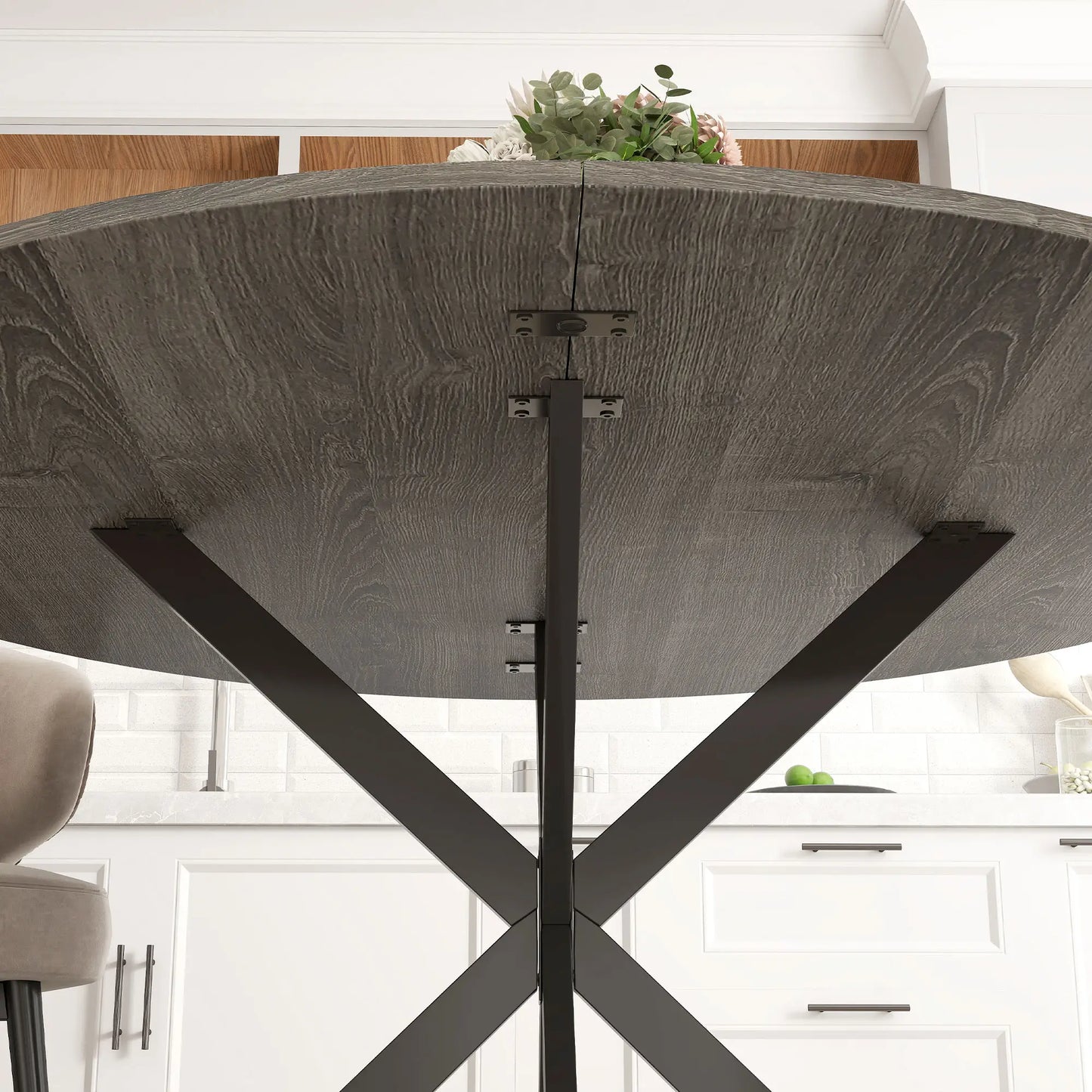47" Round Kitchen Table for 4, Industrial Dining Table, Wood Grain, Black, Grey Dining Tables at Gallery Canada