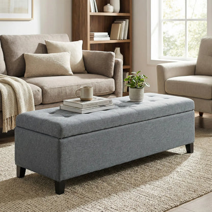 Rectangular Entry Bench, Tufted Upholstered Linen, Wood Feet, Grey Storage Ottomans & Benches at Gallery Canada