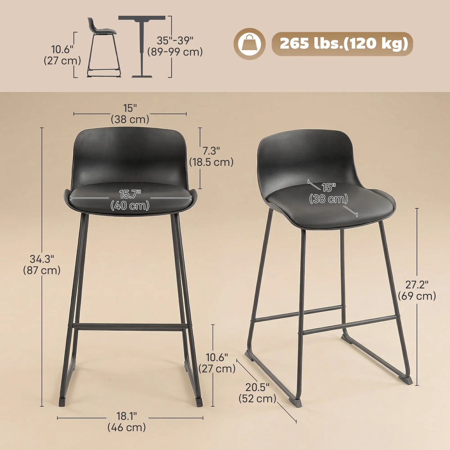 Modern Bar Stools Set of 2, PU Leather, Counter Height, Black Bar Stools at Gallery Canada