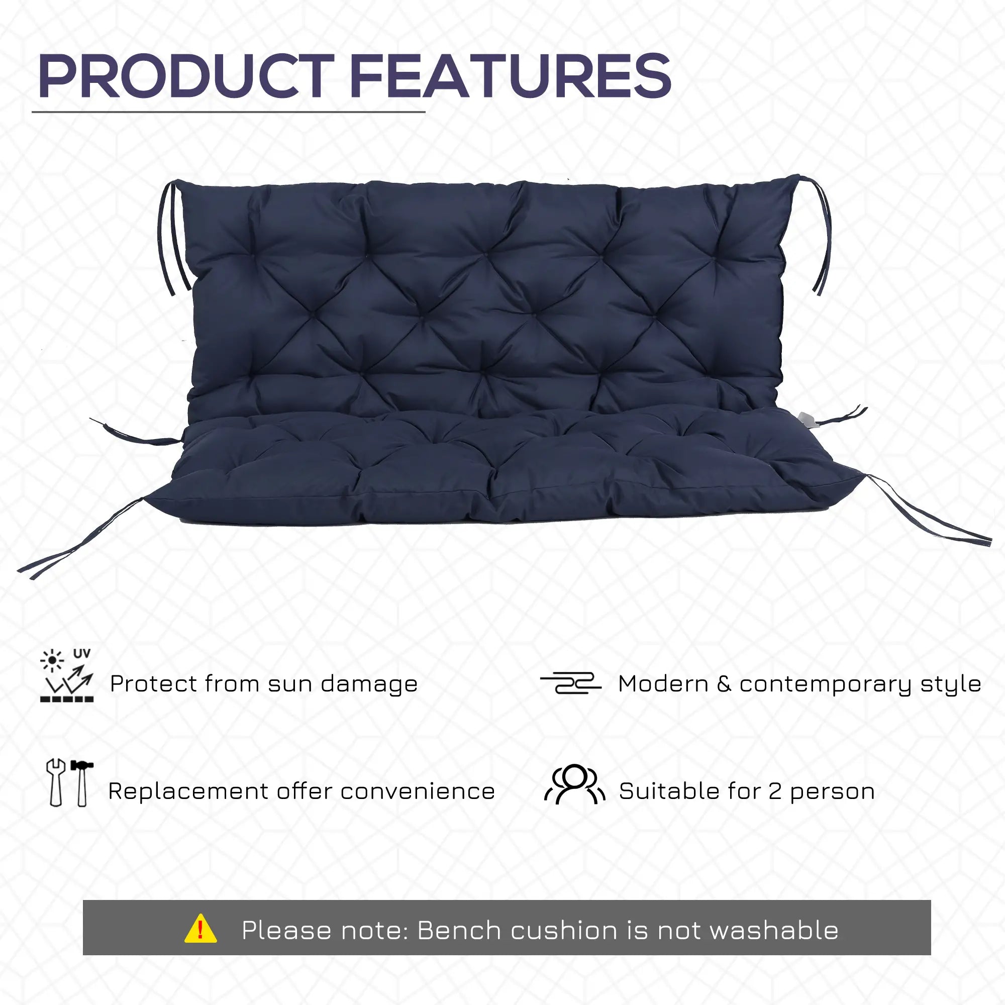 2 Seater Garden Bench Cushion, Thick Outdoor Non-Slip, 52