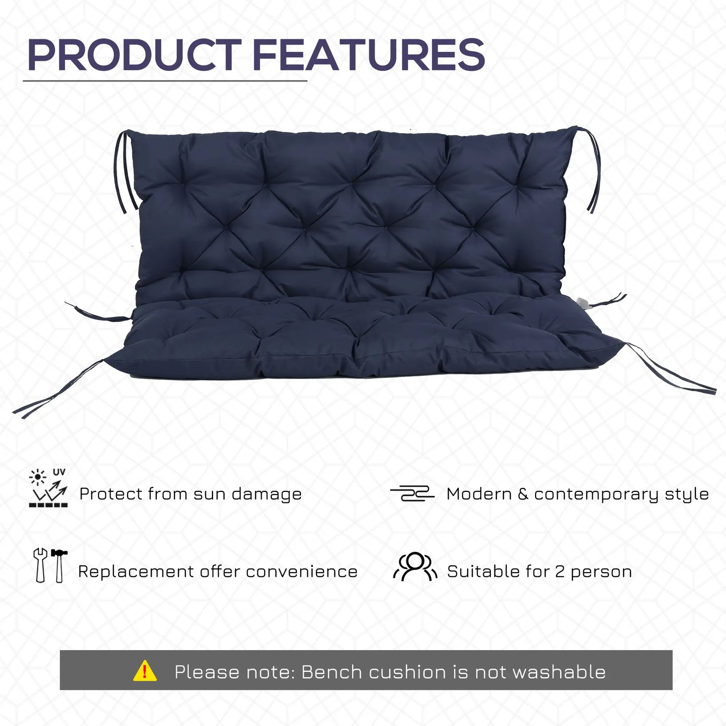 2 Seater Garden Bench Cushion, Thick Outdoor Non-Slip, 52" x 43" x 4", Navy Blue Patio Chair Cushions at Gallery Canada