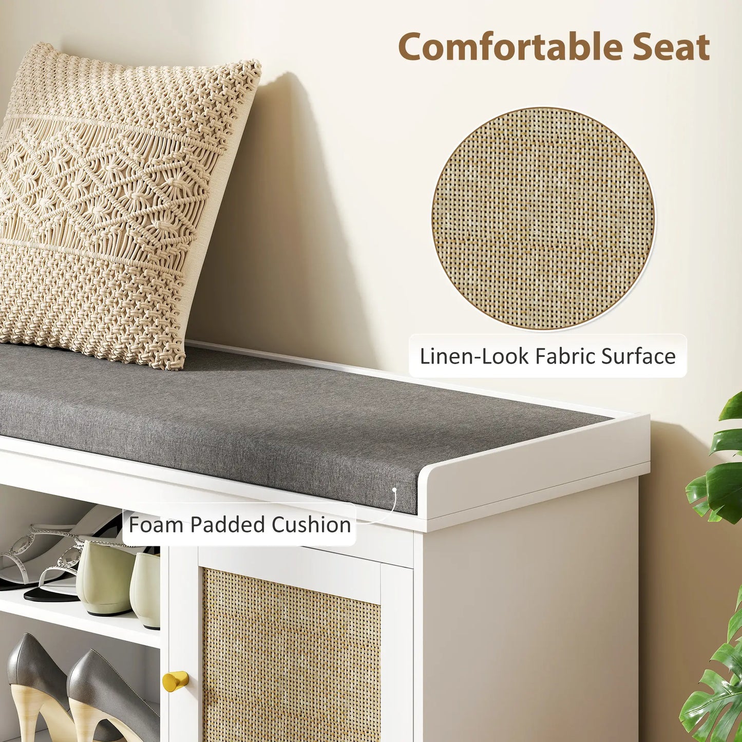 Shoe Bench with Padded Cushion, Boho Entryway, Rattan Doors, Adjustable Shelves, White Shoe Storage Cabinets & Racks at Gallery Canada