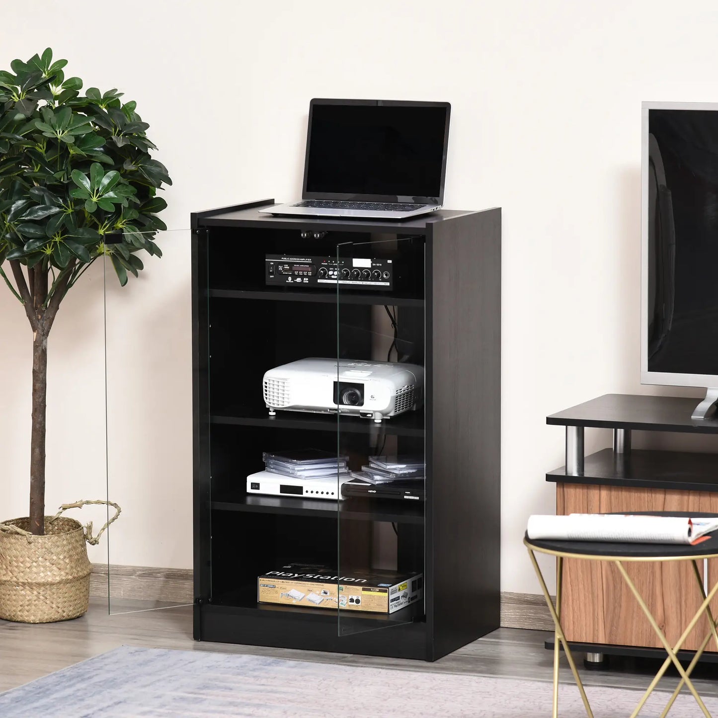 5-Tier AV Media Stand, Push Open Glass Doors, Adjustable Shelves, Distressed, Black Storage Cabinets at Gallery Canada