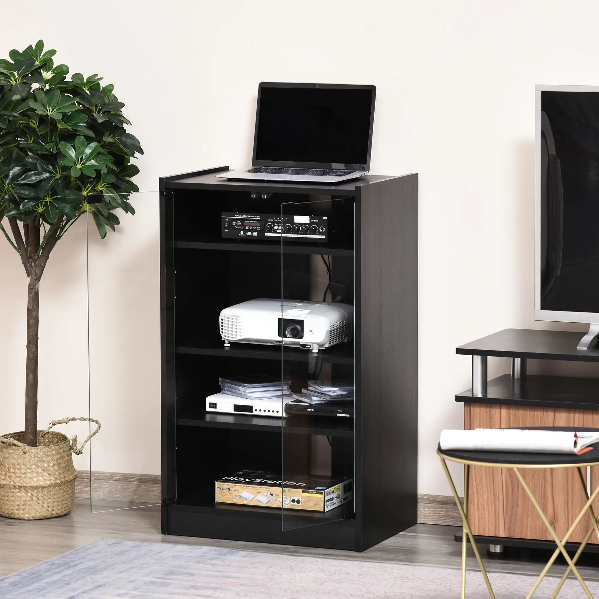 5-Tier AV Media Stand, Push Open Glass Doors, Adjustable Shelves, Distressed, Black Storage Cabinets at Gallery Canada