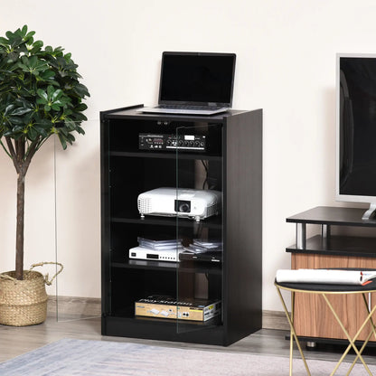 5-Tier AV Media Stand, Push Open Glass Doors, Adjustable Shelves, Distressed, Black Storage Cabinets at Gallery Canada