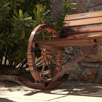Wood Outdoor Loveseat, Carbonized, Wagon Wheel Armrests Outdoor Rocking Chairs at Gallery Canada