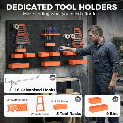 33 Piece Metal Pegboard Panels, Peg Board with 16 Hooks, Bins and Racks, Black and Orange Tool Organizers at Gallery Canada