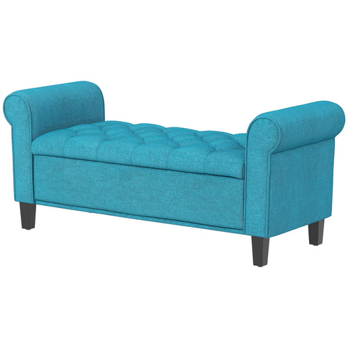 50 Inches Upholstered Storage Ottoman, Rolled Arms, Button Tufted, Teal