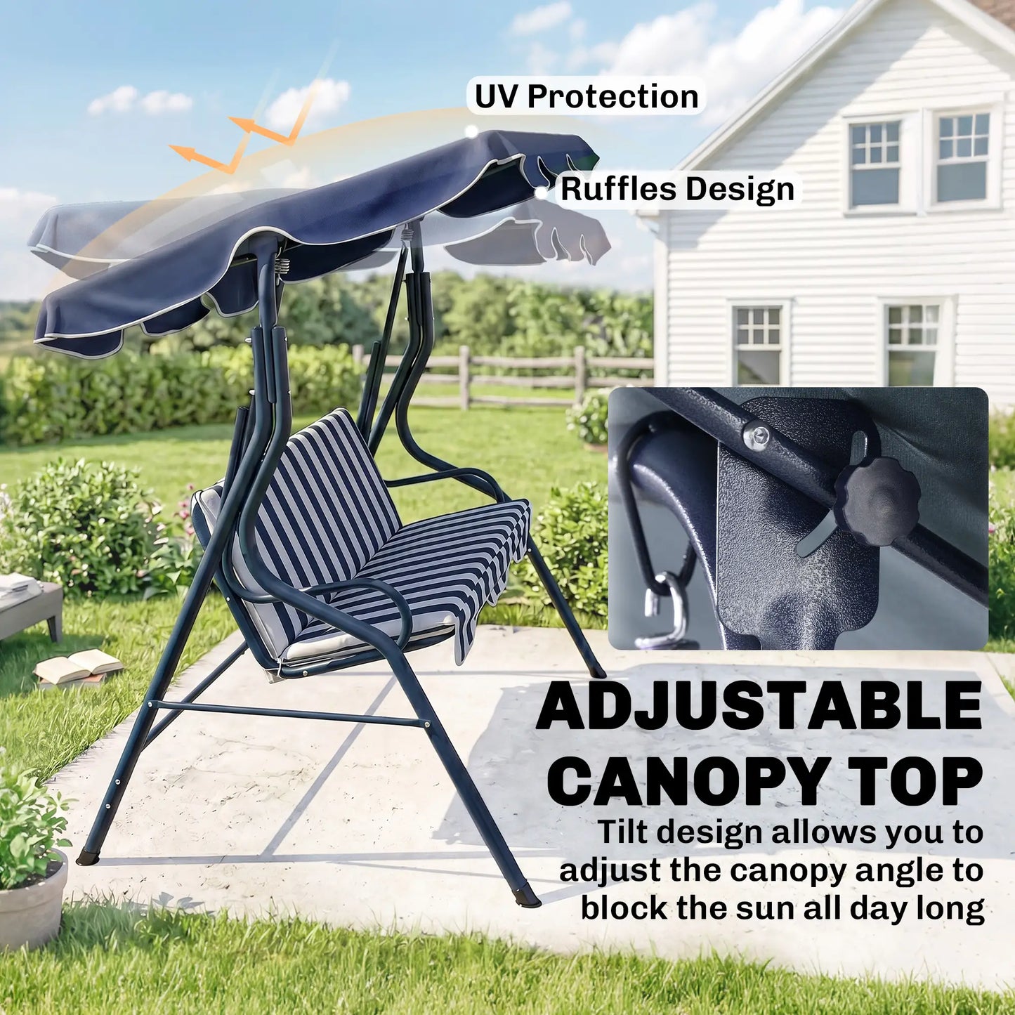 Outdoor Porch Swing, Adjustable Canopy, 3-Seater with Cushion, Blue Patio Swings with Stand at Gallery Canada