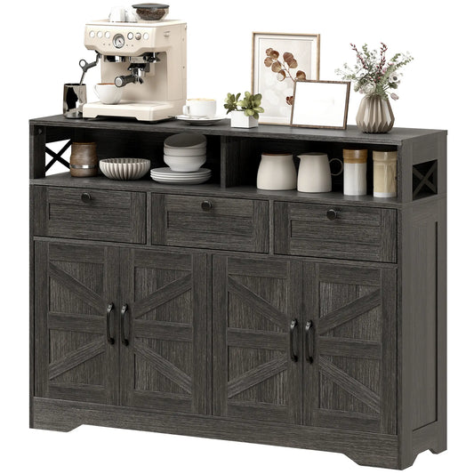 Sideboard Buffet Cabinet, 4 Barn Doors 3 Drawers, Coffee Bar, Adjustable Shelves, Dark Brown Bar Cabinets Dark Brown at Gallery Canada