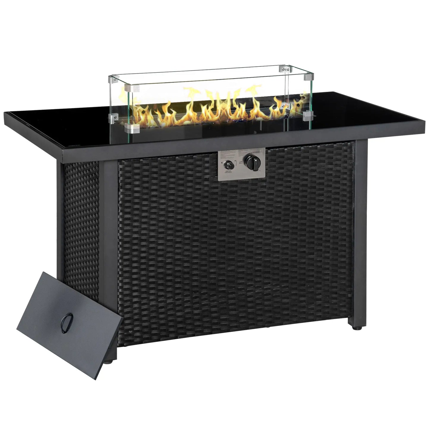 43in Propane Fire Pit Table, 50,000 BTU, Blue Glass Rock, Black Fire Pits Black at Gallery Canada