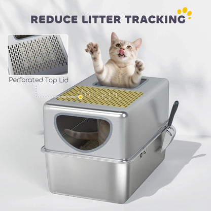 Bac à litière pour chat en acier inoxydable, extra large fermé avec couvercle, argent