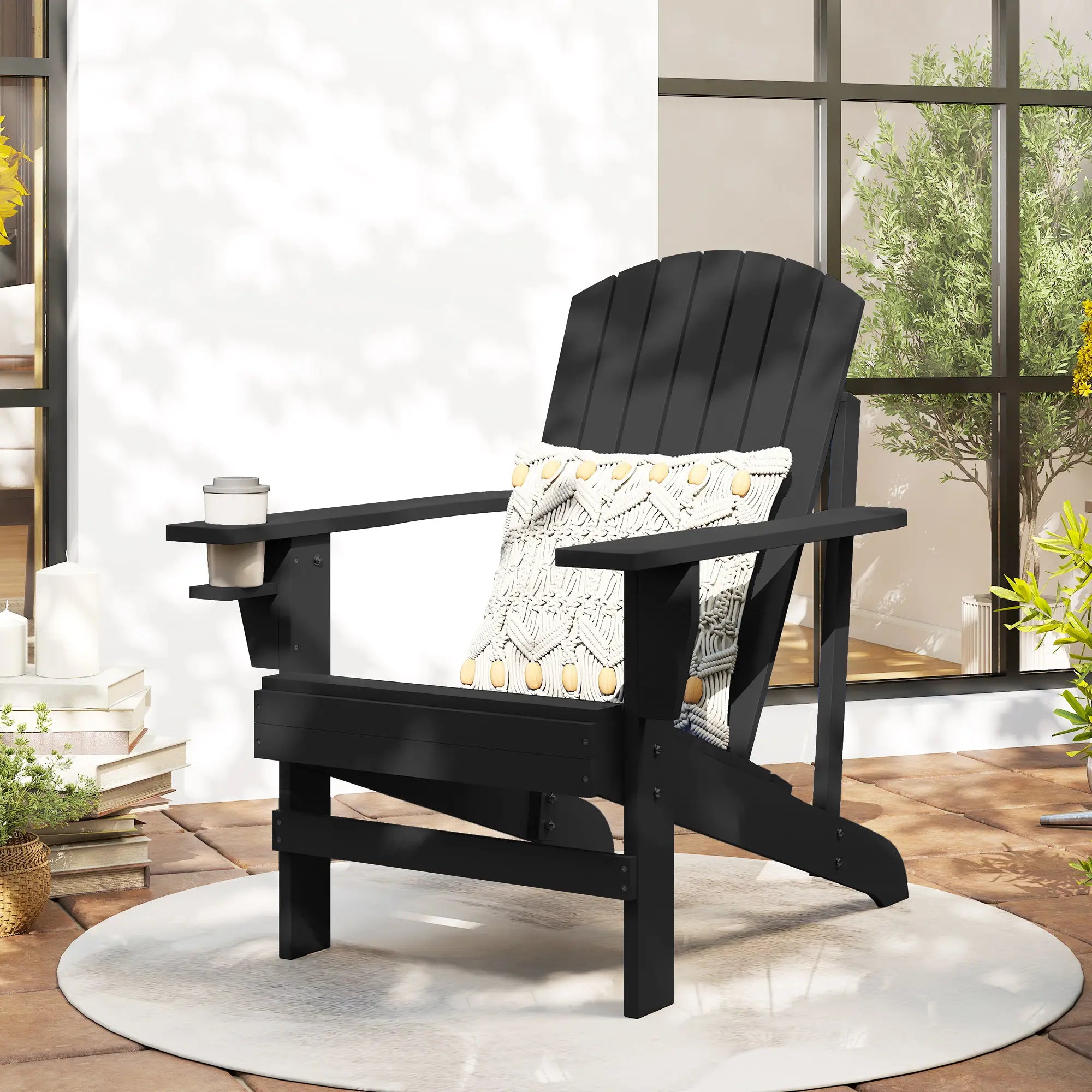 Classic Adirondack Chair, Garden Deck Chair with Cup Holder, Black Patio Chairs at Gallery Canada
