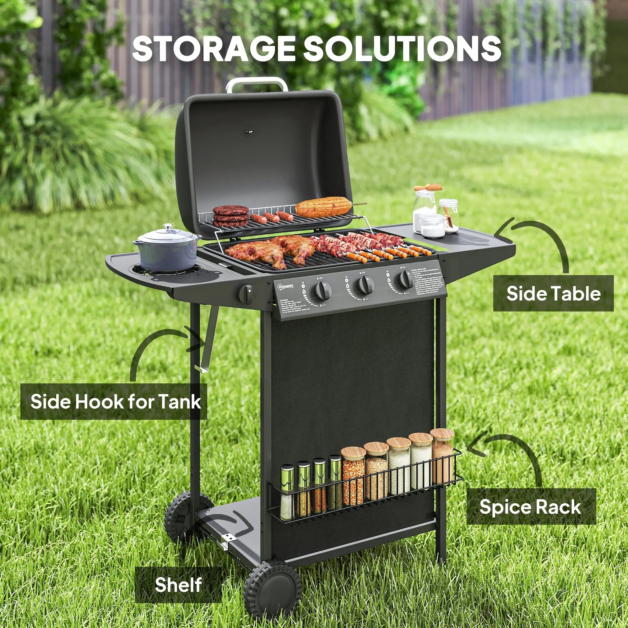 3+1 Burner Propane Gas BBQ Grill, Portable With Side Burner, Thermometer, Black Propane Gas Grills at Gallery Canada