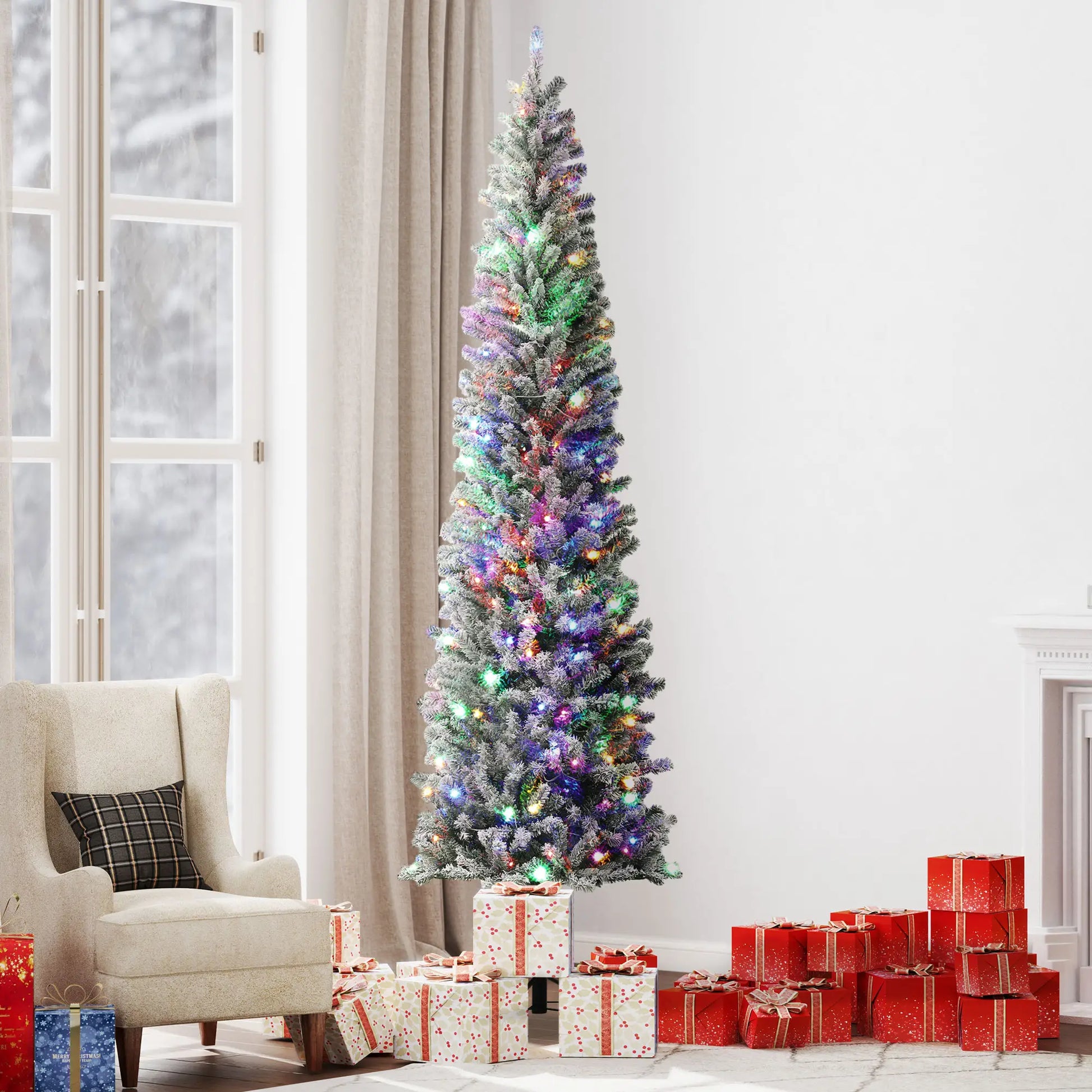 9ft Prelit Pencil Christmas Tree, Flocked, 895 Tips, Dual Color LEDs Pre Lit Christmas Trees at Gallery Canada