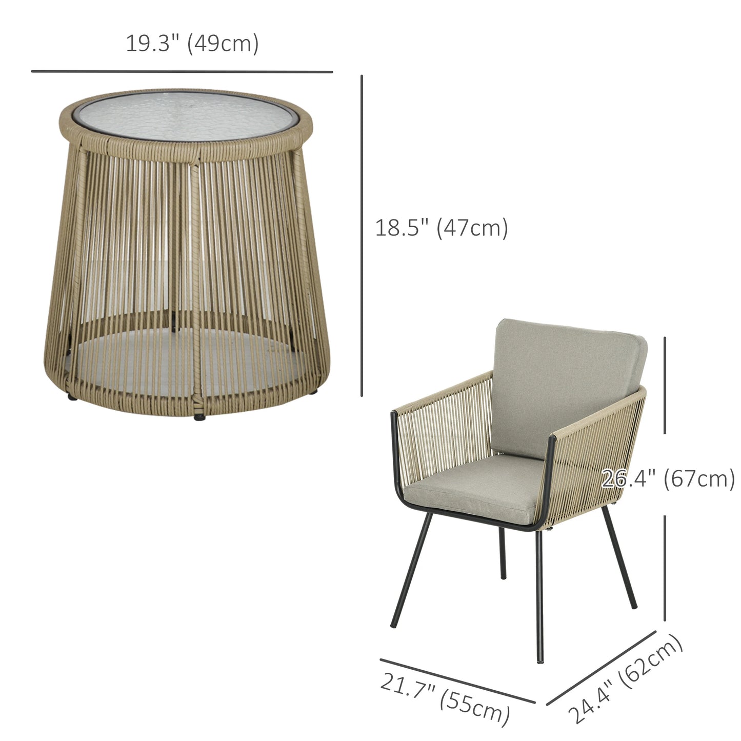 3 Piece Outdoor Patio Bistro Set, Wicker Rattan Furniture with Metal Legs for Garden, Backyard, Coffee and Light Grey Bistro Sets at Gallery Canada