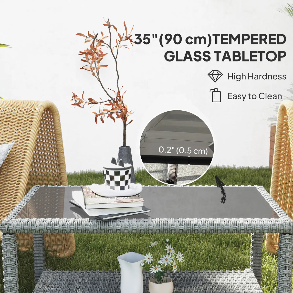 35" Outdoor Wicker Coffee Table, Glass Top, Storage Shelf, Dark Grey Coffee Tables at Gallery Canada