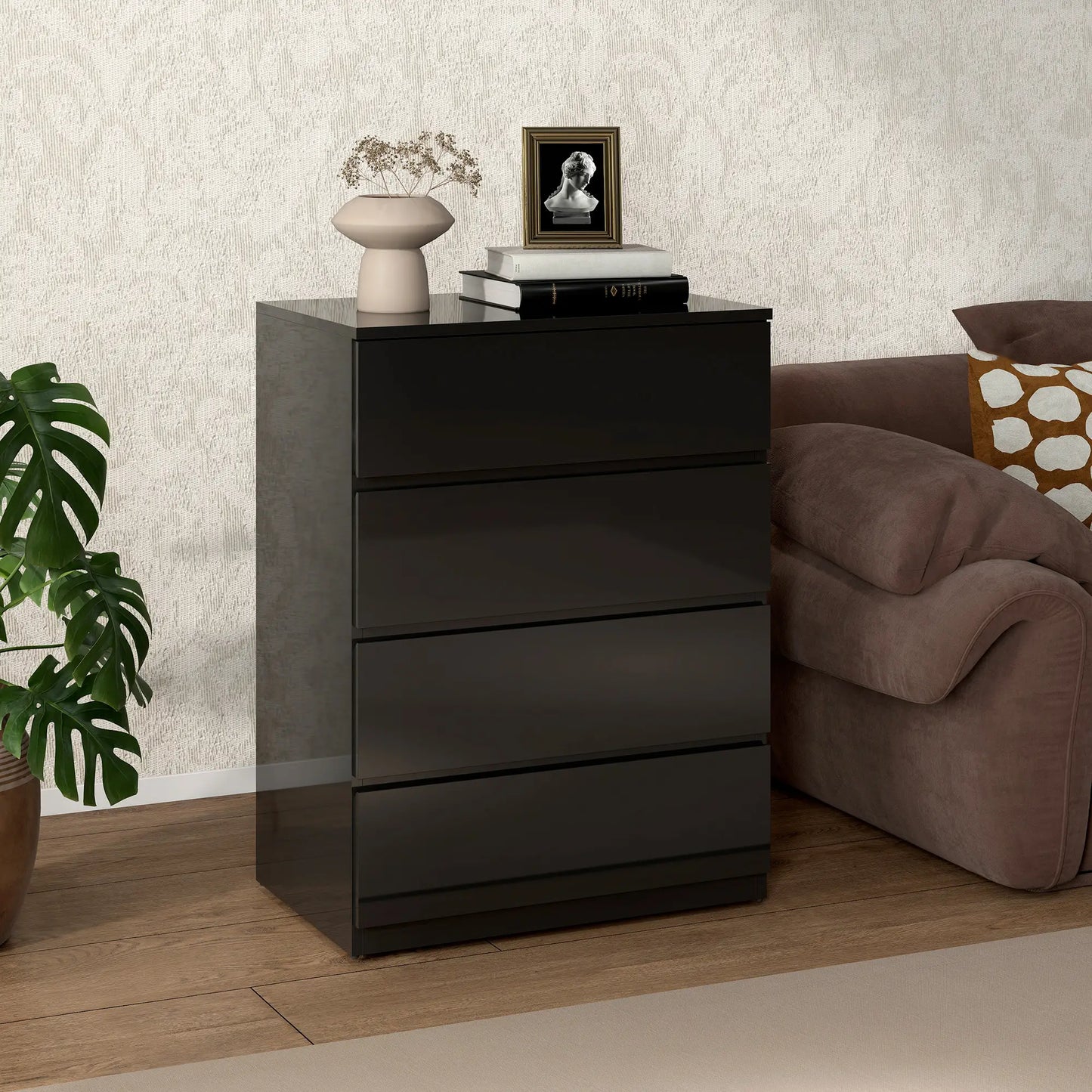 Armoire 4 tiroirs, Coffre haut brillant avec coulisses métalliques, Noir