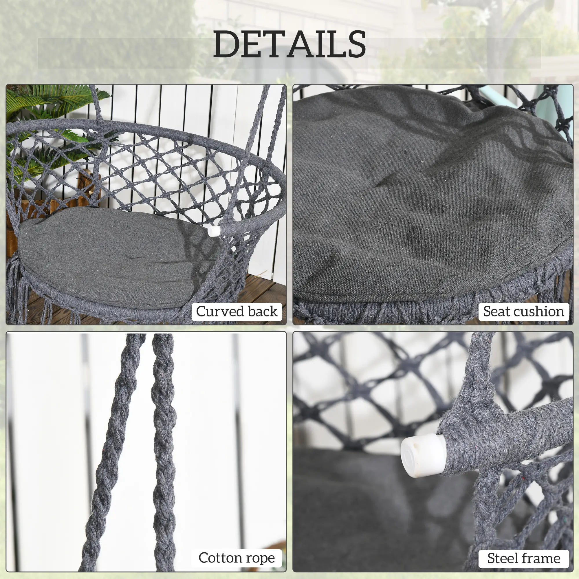 Hanging Hammock Chair, Cotton Rope with Metal Frame, Large, Dark Grey Hammock Swings at Gallery Canada