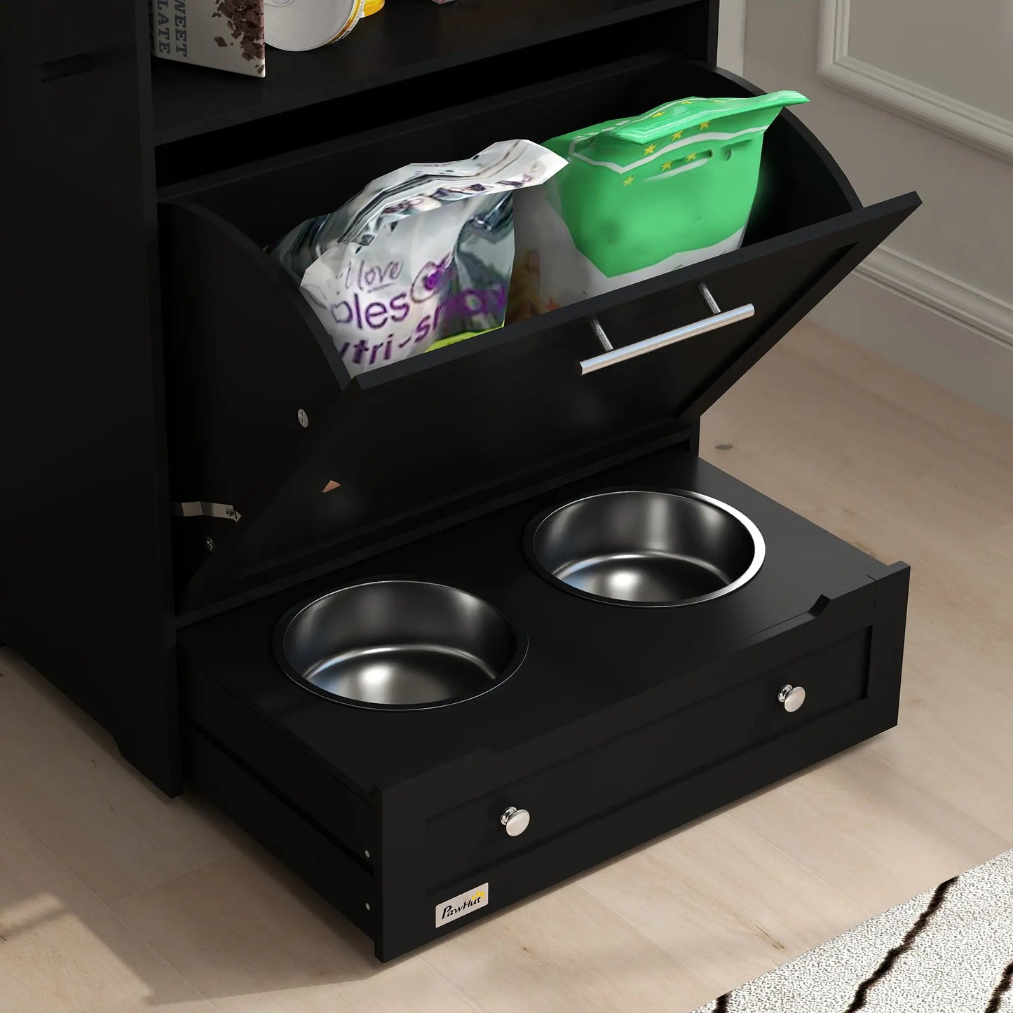 Pet Feeder Station, Dog Food Storage Cabinet with Bowls, Black Dog Bowls at Gallery Canada