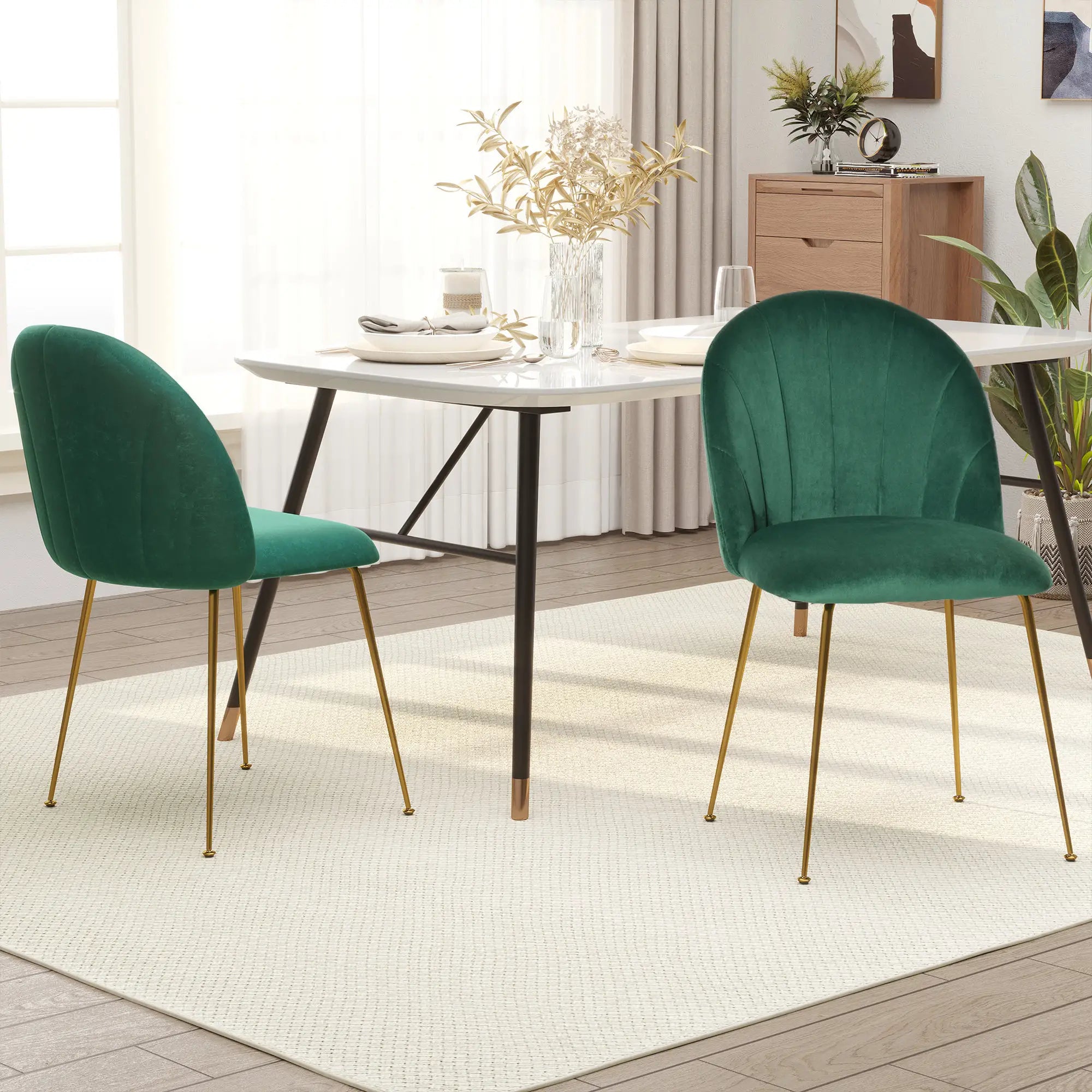 Modern Dining Chairs Set of 2, Upholstered, Gold Metal Legs, Green Bar Stools at Gallery Canada