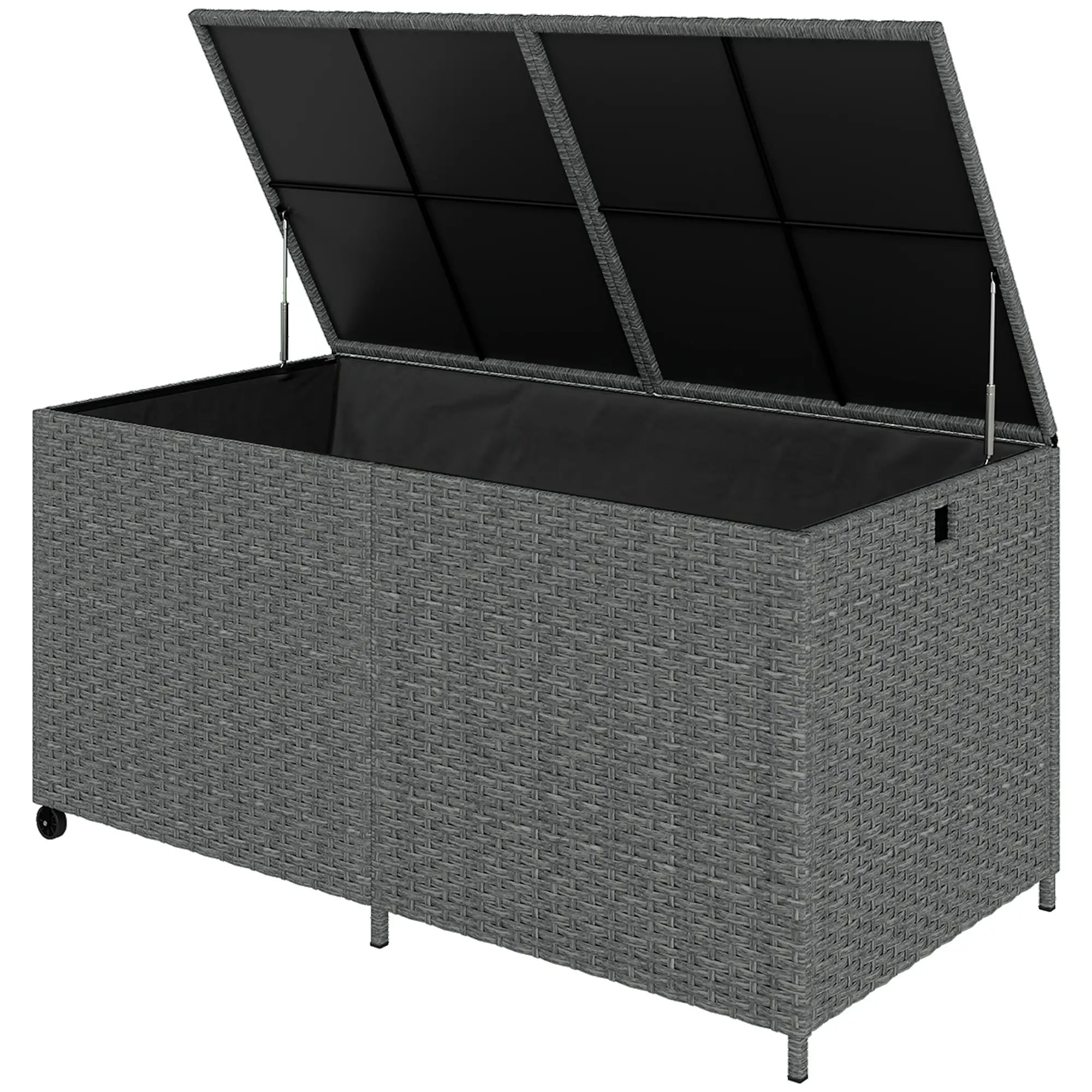 162 Gallon Rattan Deck Box With Wheels, Waterproof Zippered Liner, Pneumatic Rod Patio Storage Boxes Dark Grey at Gallery Canada