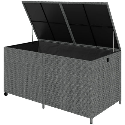162 Gallon Rattan Deck Box With Wheels, Waterproof Zippered Liner, Pneumatic Rod Patio Storage Boxes Dark Grey at Gallery Canada
