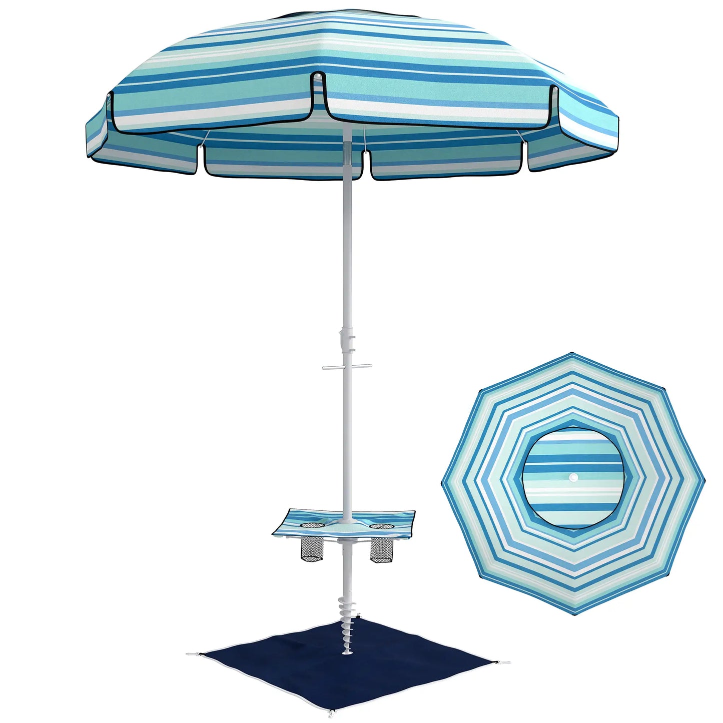 6 ft Portable Beach Umbrella With Foldable Table, Tilting Sun Shade, Dark Blue