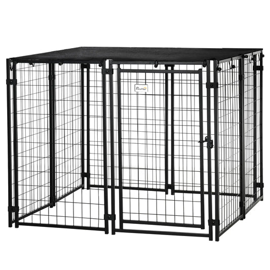 Outdoor Dog Kennel, Lockable Pet Playpen with Cover, Black Houses, Kennels & Pens Black at Gallery Canada