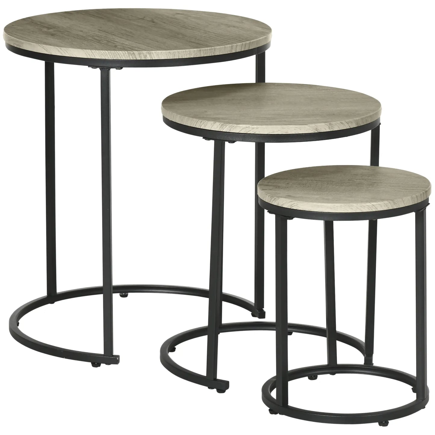 Round Nesting Tables Set of 3, Steel Frame, Living Room Side Tables Grey-green Wood Grain at Gallery Canada