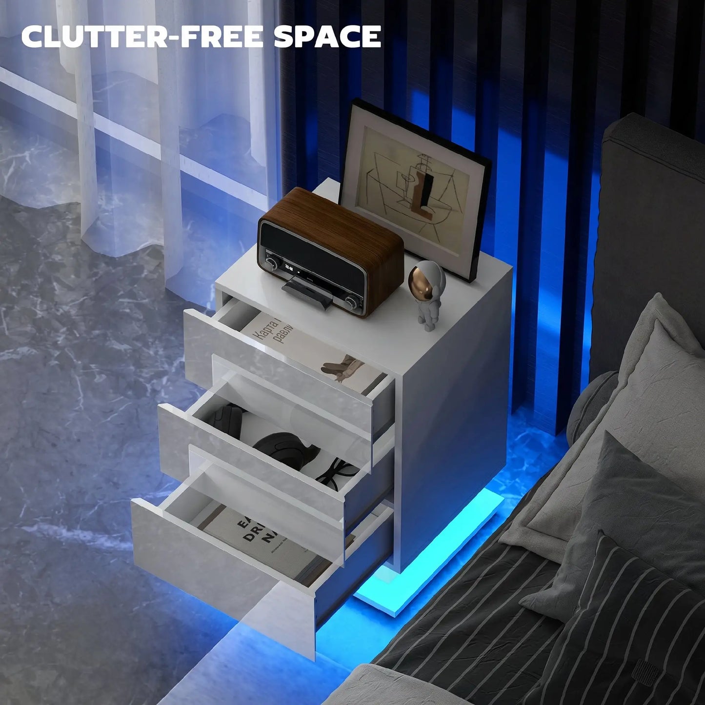 LED Nightstand with 3 Drawers, APP Control, White