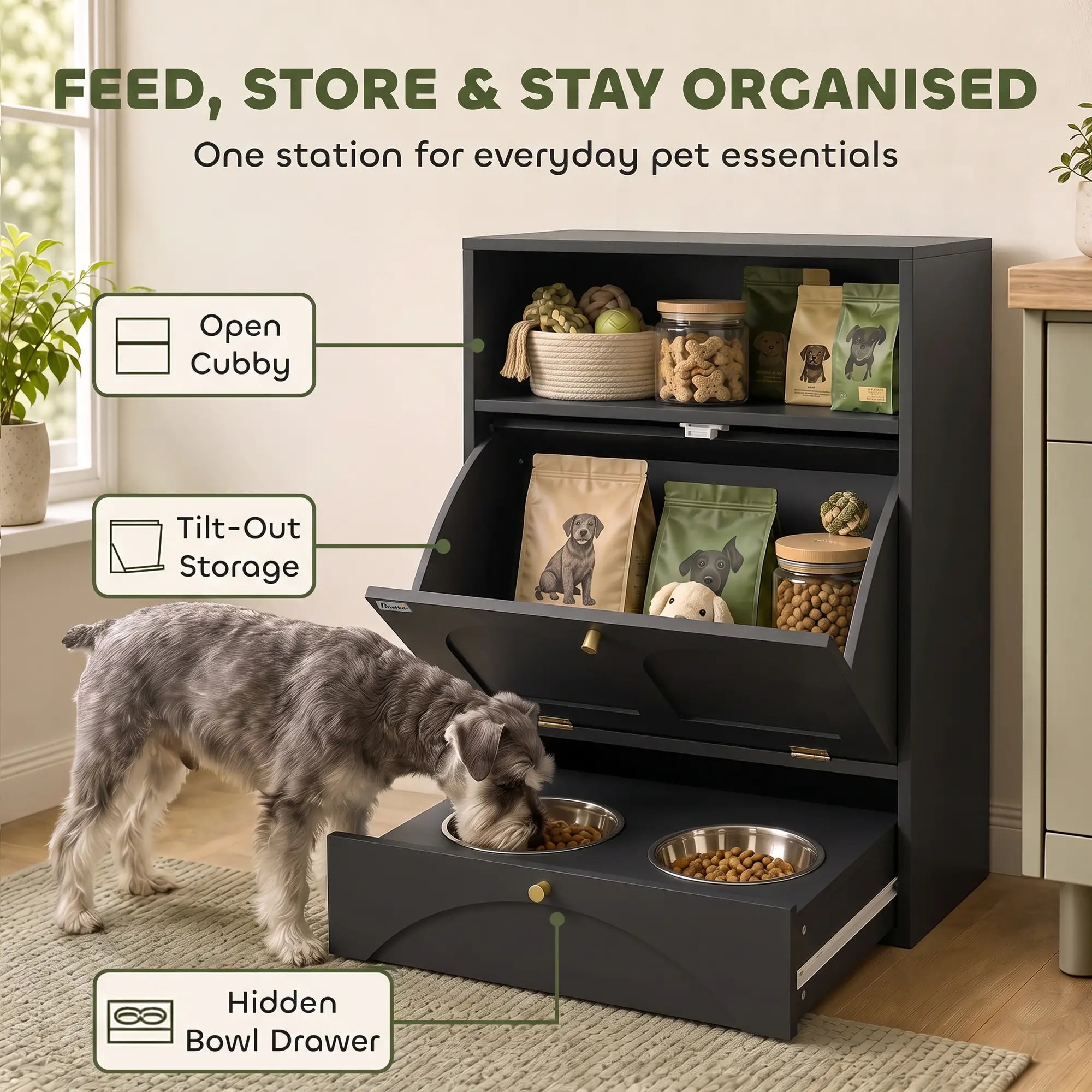 Dog Feeding Station, Food Storage Cabinet, 2 Elevated Bowls, Black Dog Bowls at Gallery Canada