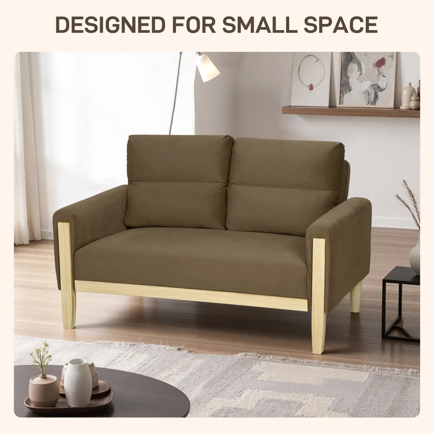 53 Inch Loveseat Sofa, 2 Seater Couch, Solid Wood Legs, Modern Velvet, Brown 2-Seater Sofas at Gallery Canada