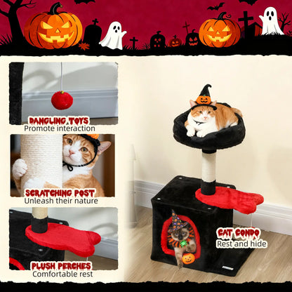 28" Gothic Cat Tree Tower, Plush Bed, Condo, Scratching Post, Red & Black Cat Posts at Gallery Canada