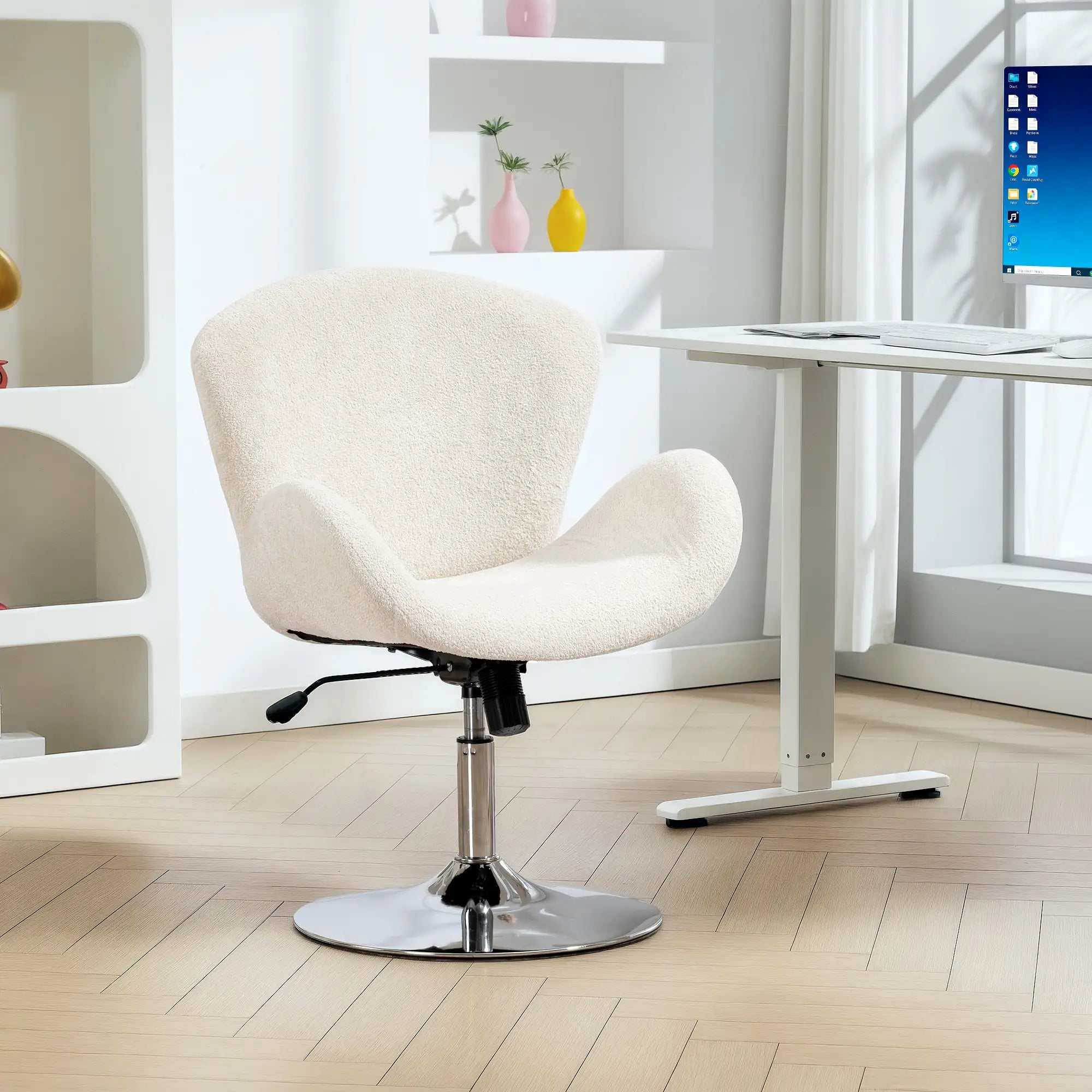 Swivel Office Chair, Velvet Desk Chair, Wide Bucket Seat, Cream White Task Chairs at Gallery Canada
