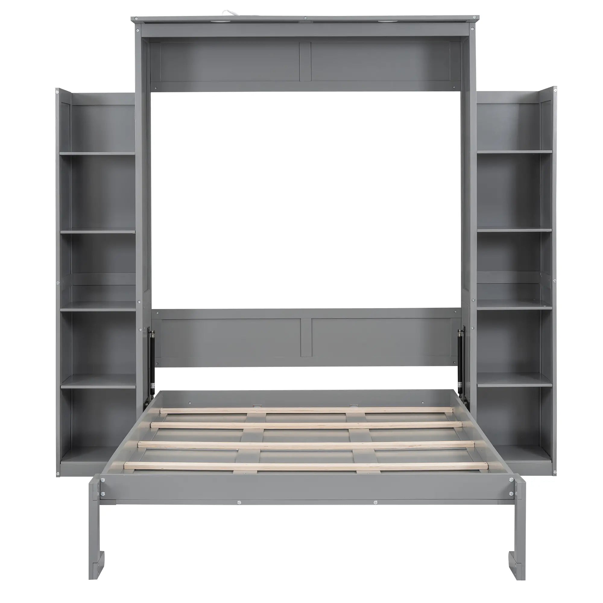 Murphy Bed with Shelves, LED Lights, Space-Saving Wall Bed, 91