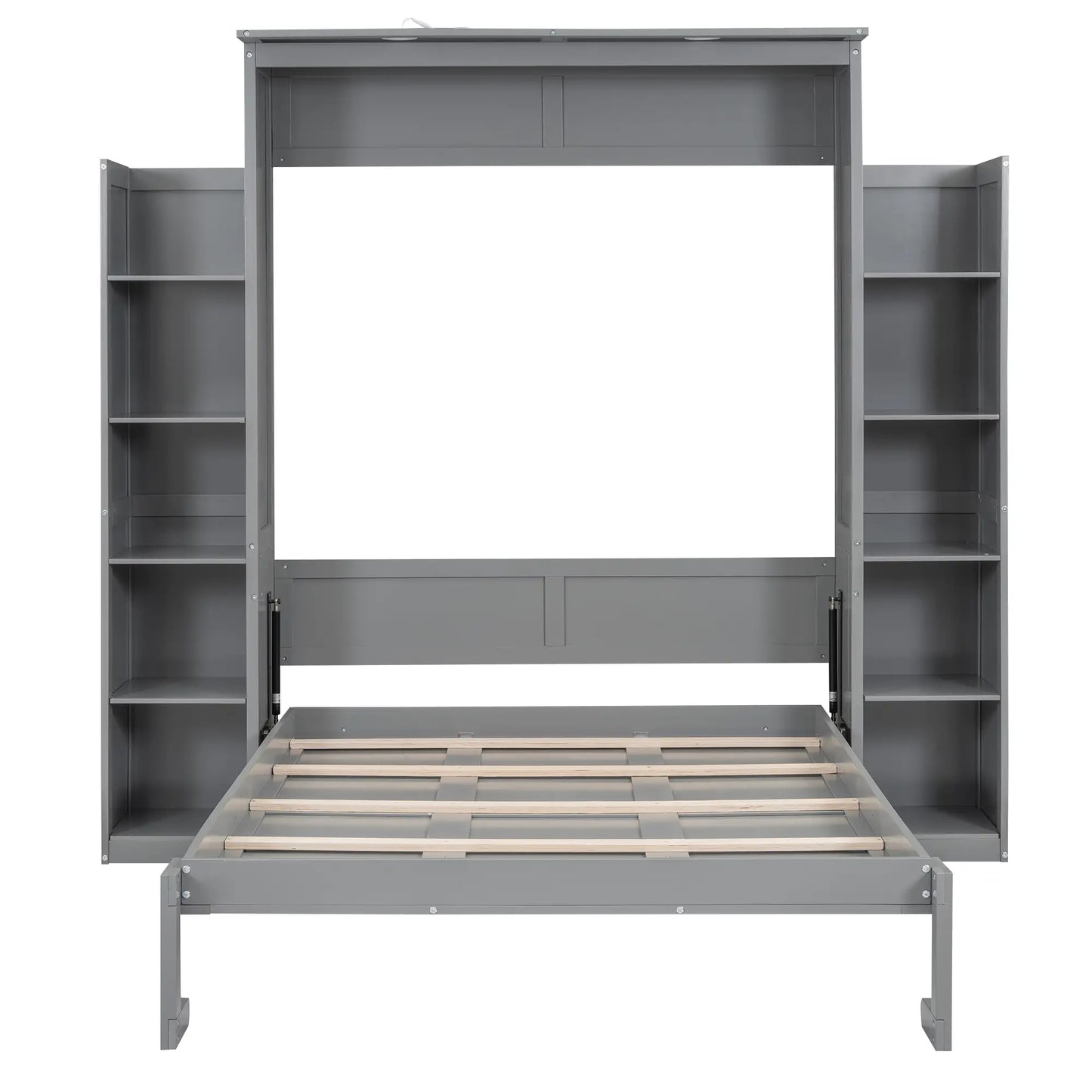 Murphy Bed with Shelves, LED Lights, Space-Saving Wall Bed, 91" L x 81" W x 84" H, Grey Bed Frames Grey at Gallery Canada