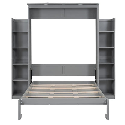 Murphy Bed with Shelves, LED Lights, Space-Saving Wall Bed, 91" L x 81" W x 84" H, Grey Bed Frames Grey at Gallery Canada