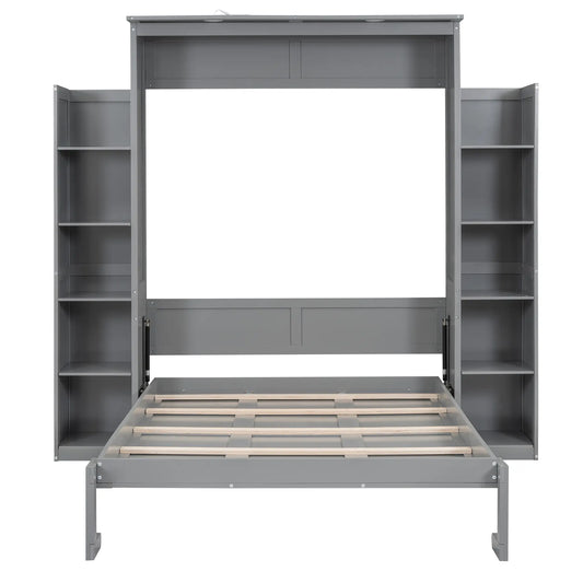 Murphy Bed with Shelves, LED Lights, Space-Saving Wall Bed, 91" L x 81" W x 84" H, Grey Bed Frames Grey at Gallery Canada
