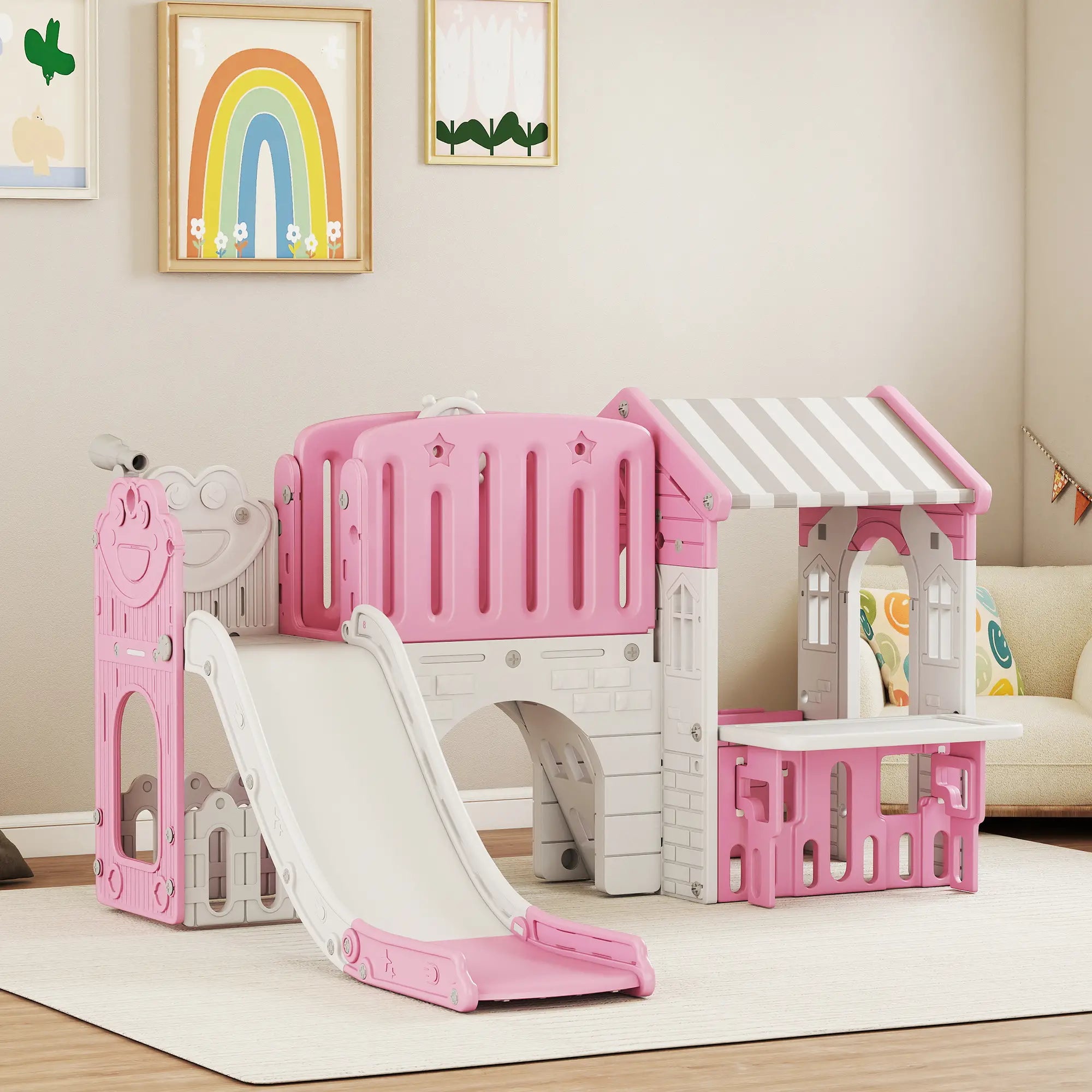 7-in-1 Toddler Slide Climber Playset with Playhouse and Basketball Hoop, Pink Gym Sets & Swings at Gallery Canada