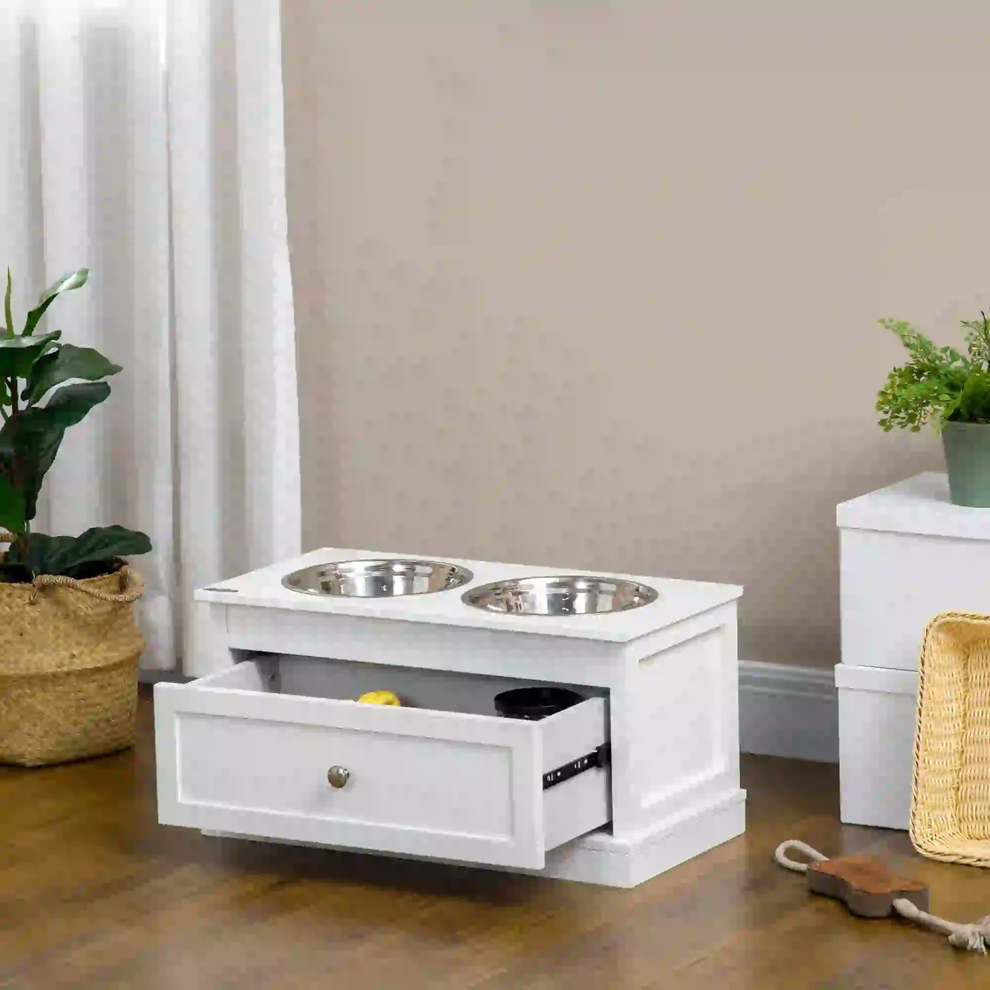 Elevated Dog Bowls, Storage Drawer, Large, White Dog Bowls at Gallery Canada